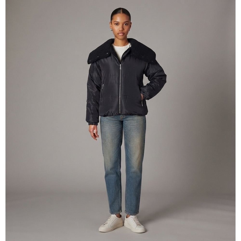 Nicole Miller Reversible Boucle Puffer Jacket Sherpa Interior/ Collar Black 1X